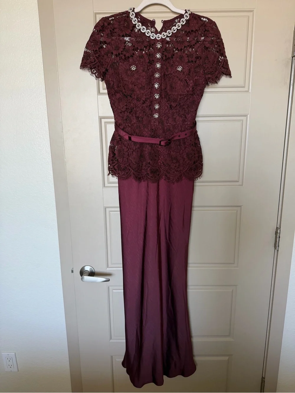 SELF PORTRAIT BELTED LACE AND SATIN MAXI DRESS